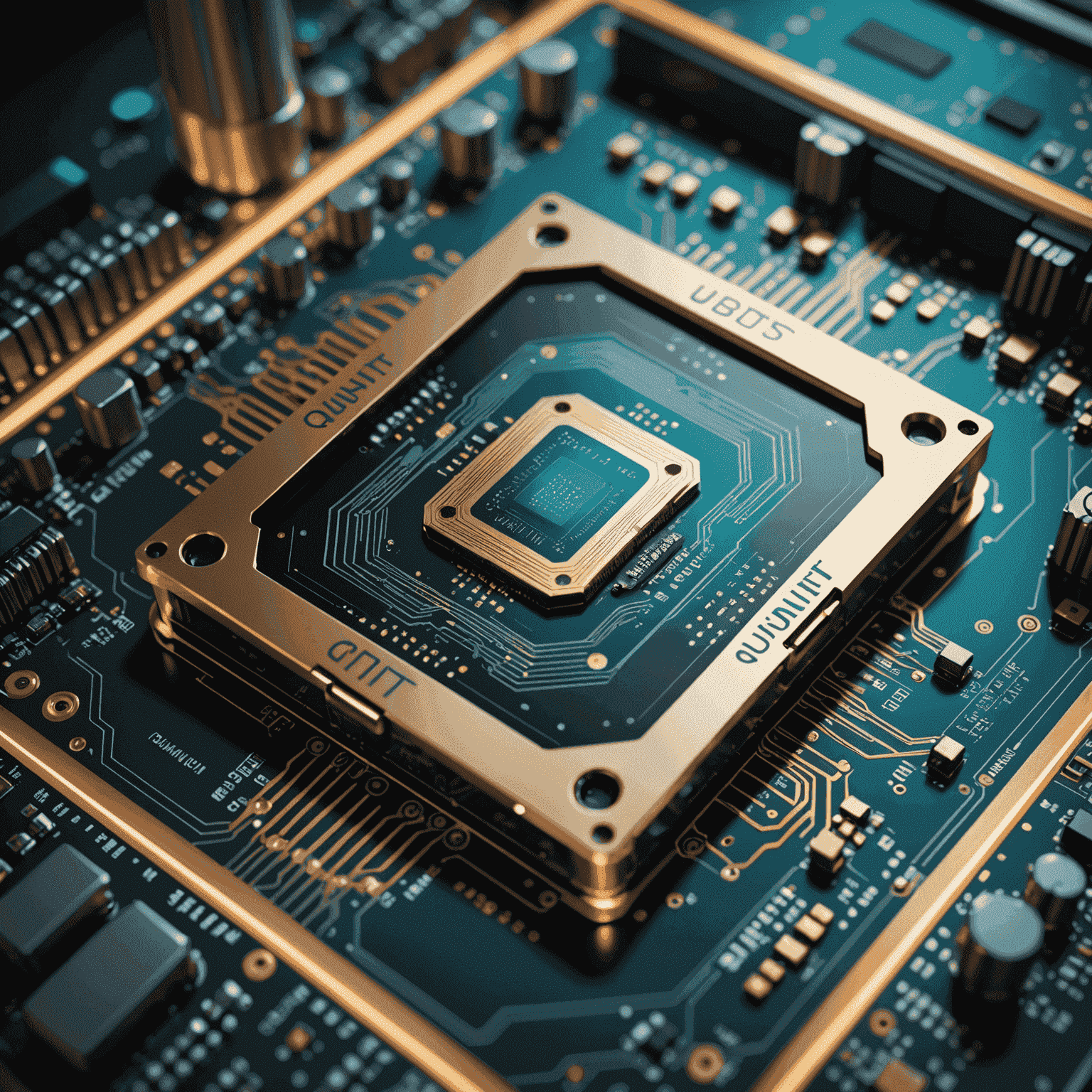 A futuristic quantum computer chip with glowing qubits, representing the latest breakthroughs in quantum computing technology