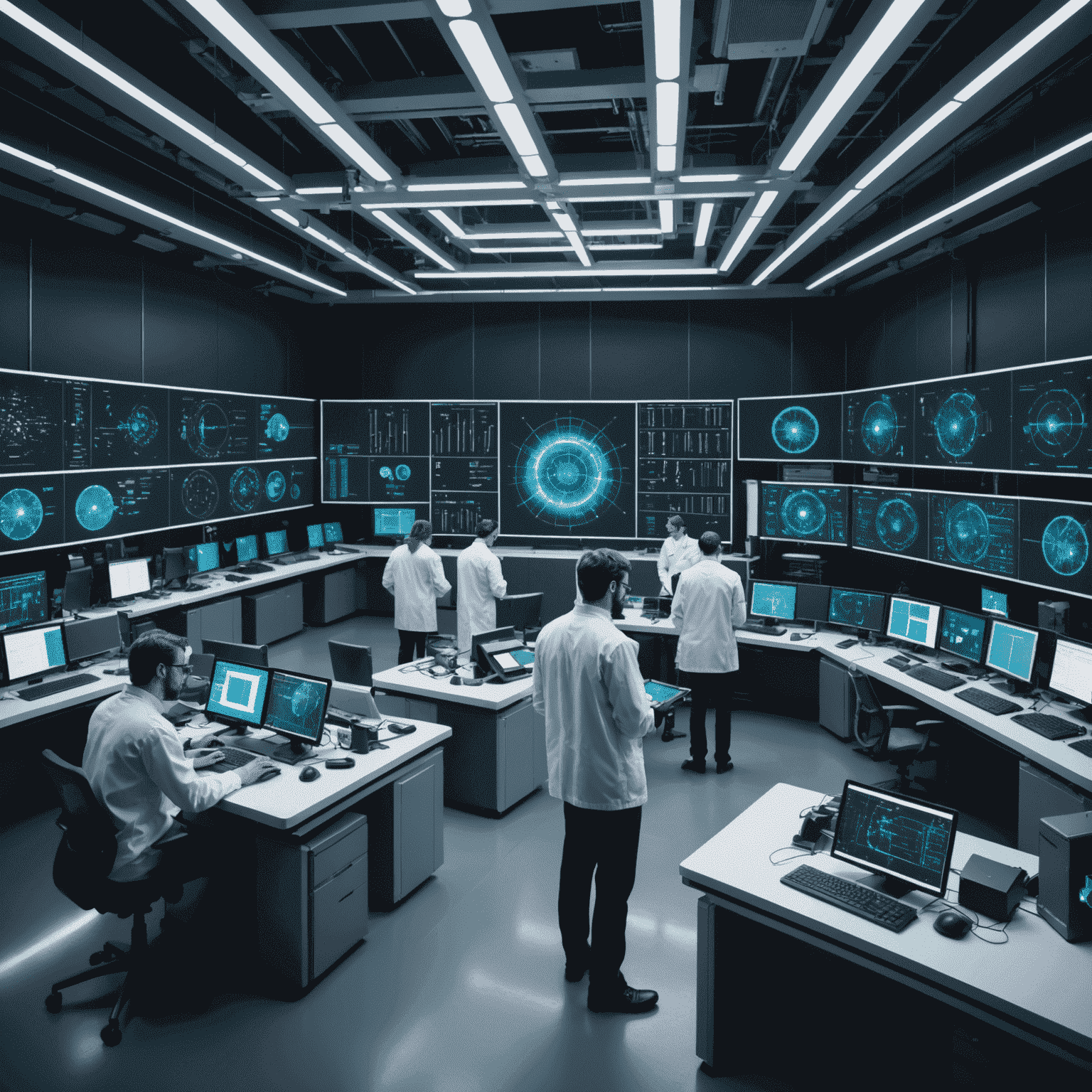 A futuristic laboratory with scientists working on advanced quantum computers, surrounded by holographic displays showing complex qubit calculations