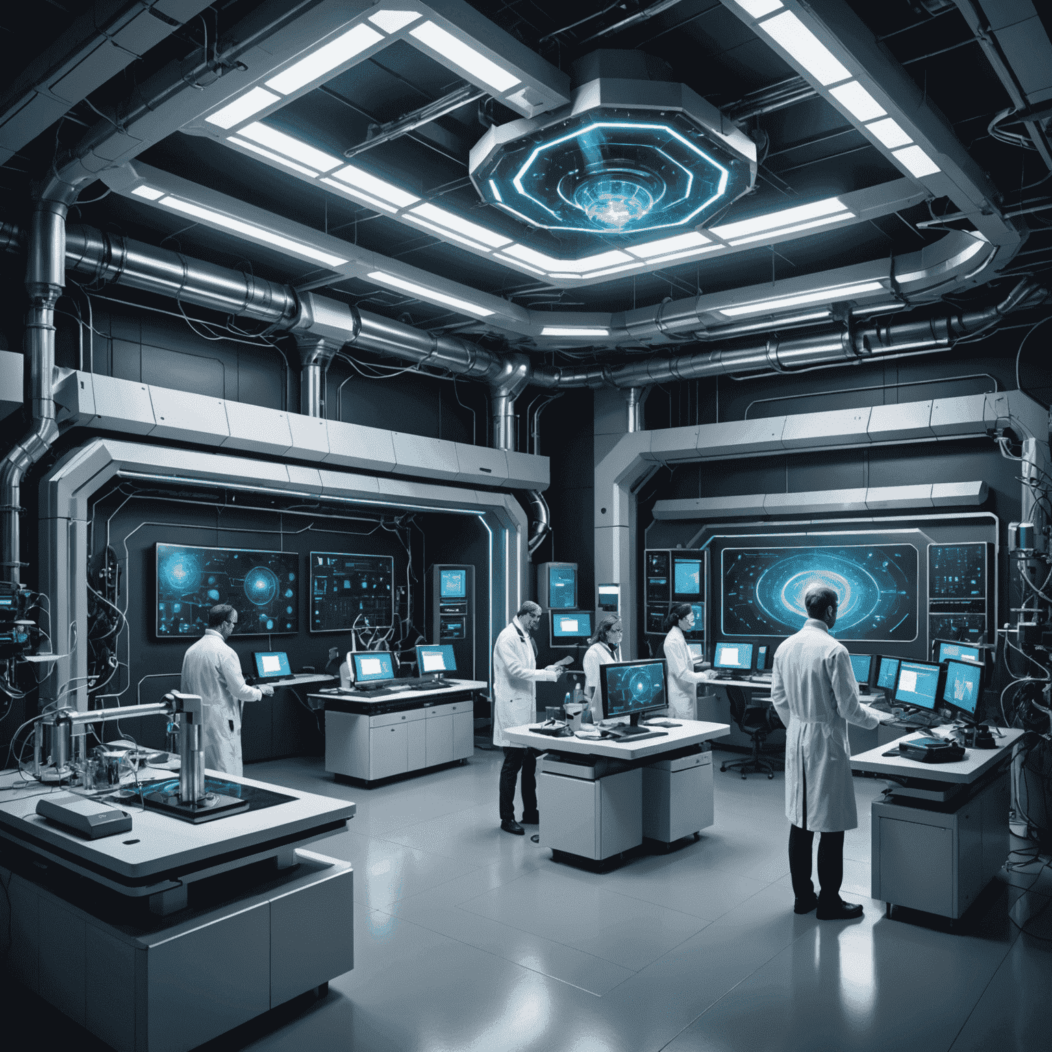 A futuristic laboratory with quantum computers and scientists working on advanced qubetic technology
