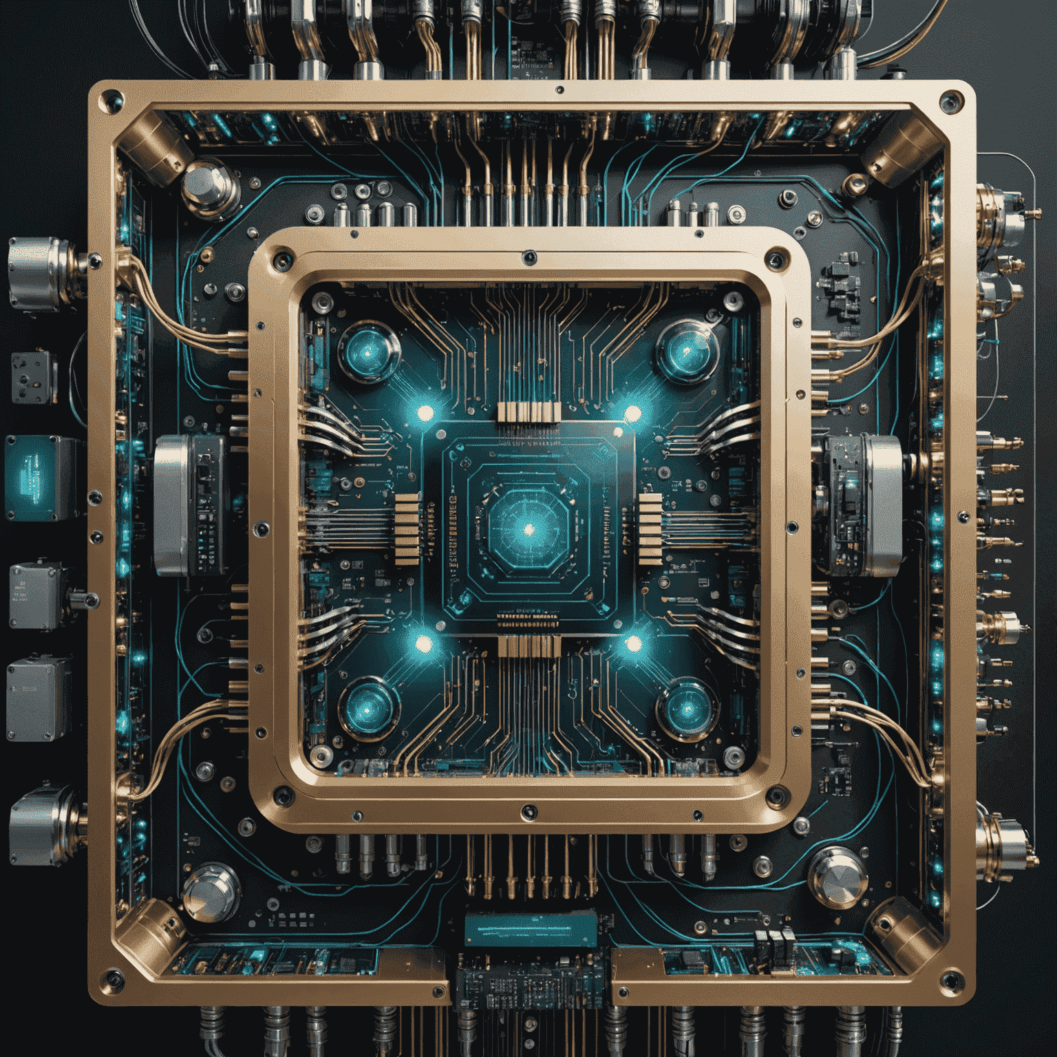 A futuristic quantum computer with glowing qubits and intricate circuitry, symbolizing advanced quantum computing solutions