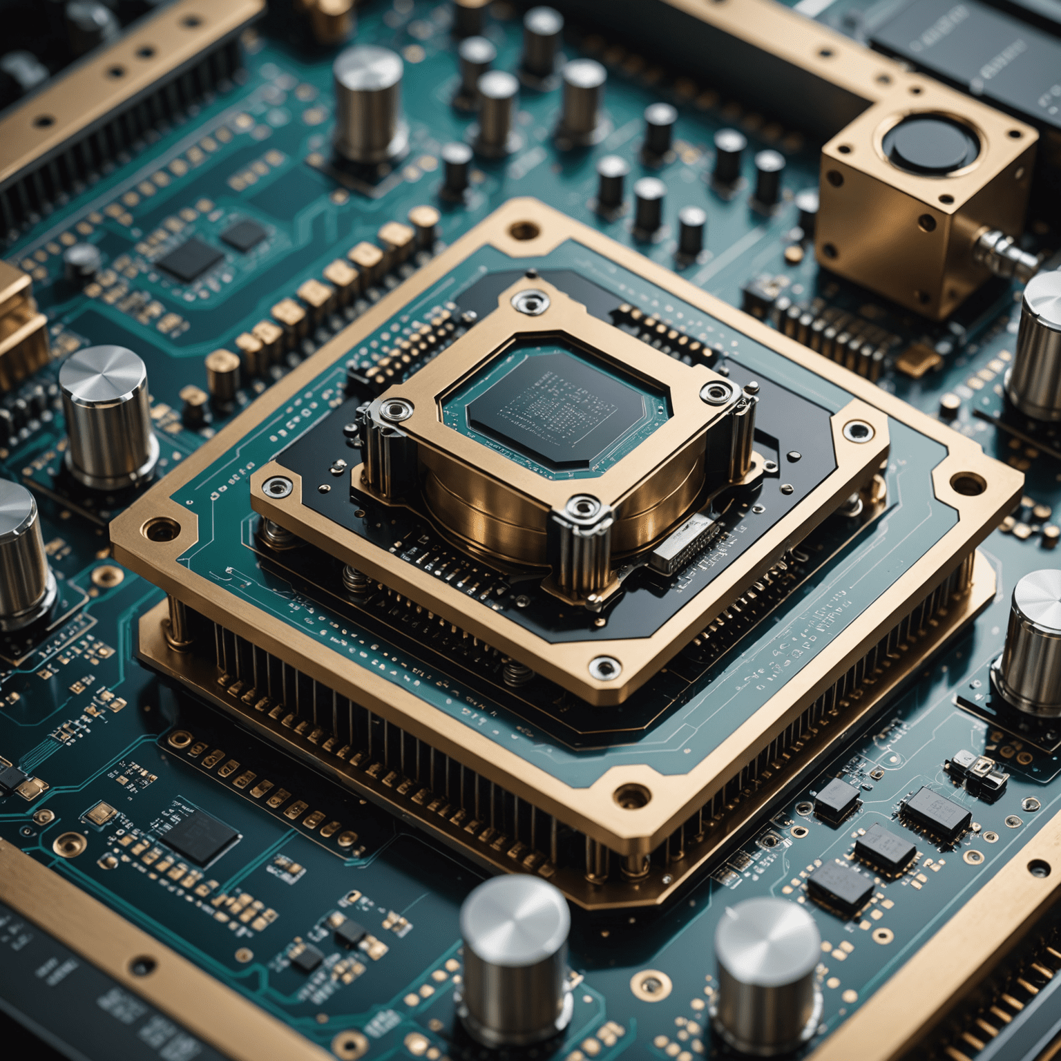 A close-up of a quantum processor with intricate circuitry and cooling systems, showcasing the cutting-edge technology of quantum computing