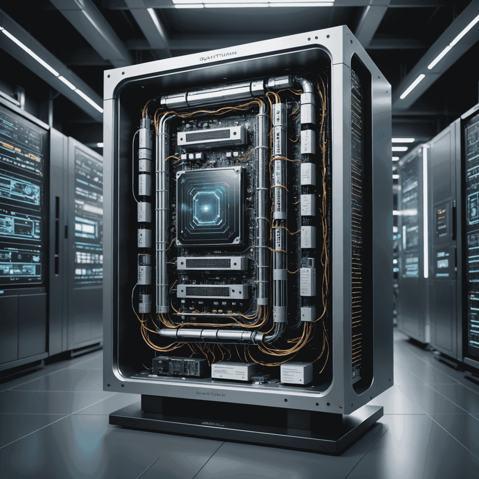 A futuristic quantum computer being integrated with classical computing infrastructure. The image shows a sleek, modern quantum processor connected to traditional servers, symbolizing the seamless integration of quantum and classical technologies.