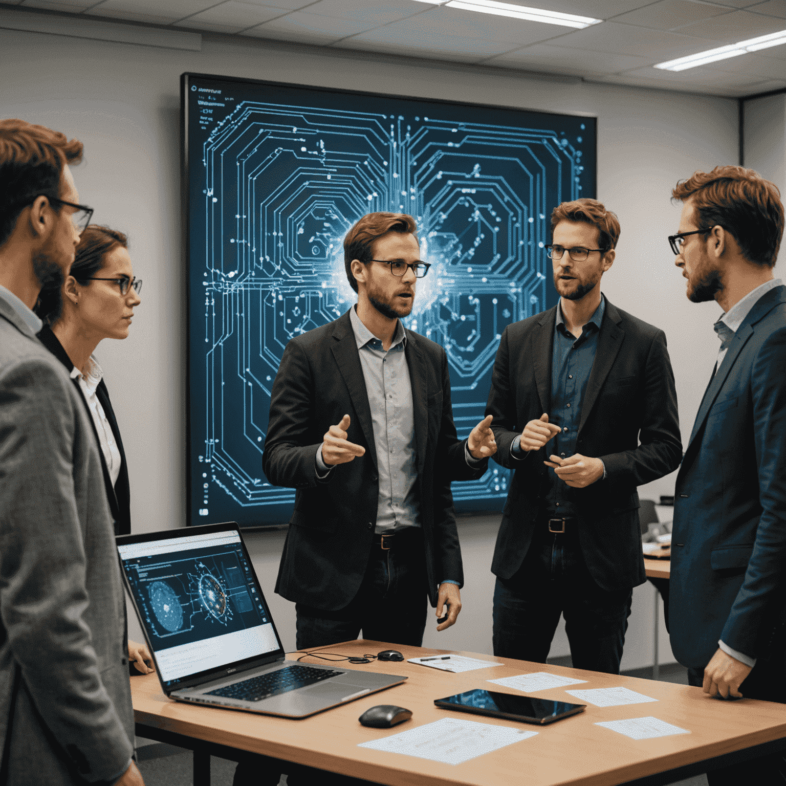 A group of professionals attending a quantum computing workshop, with a lecturer pointing at a large screen displaying complex quantum circuits and algorithms