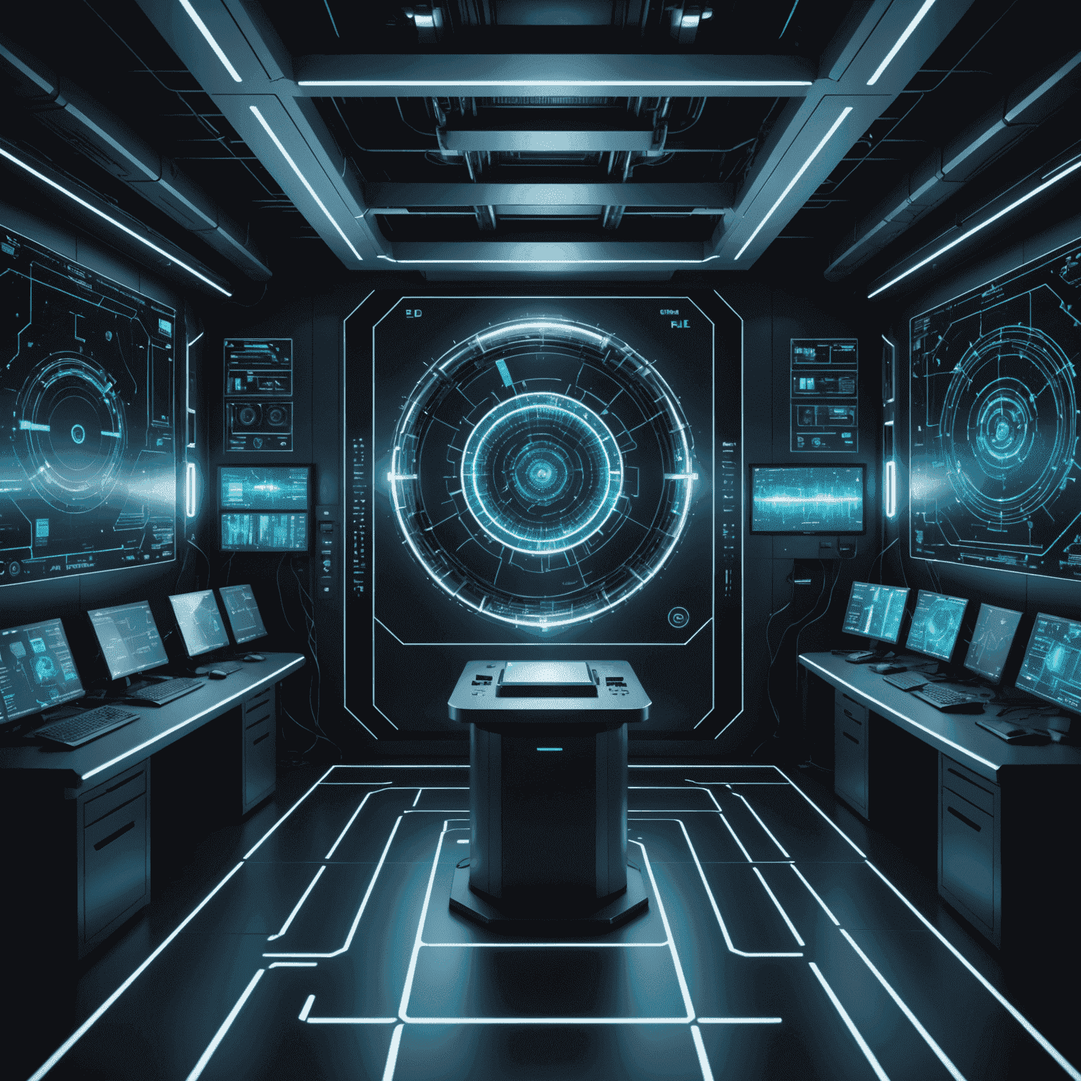 A futuristic quantum computer setup with holographic displays showing complex quantum circuits and data visualizations