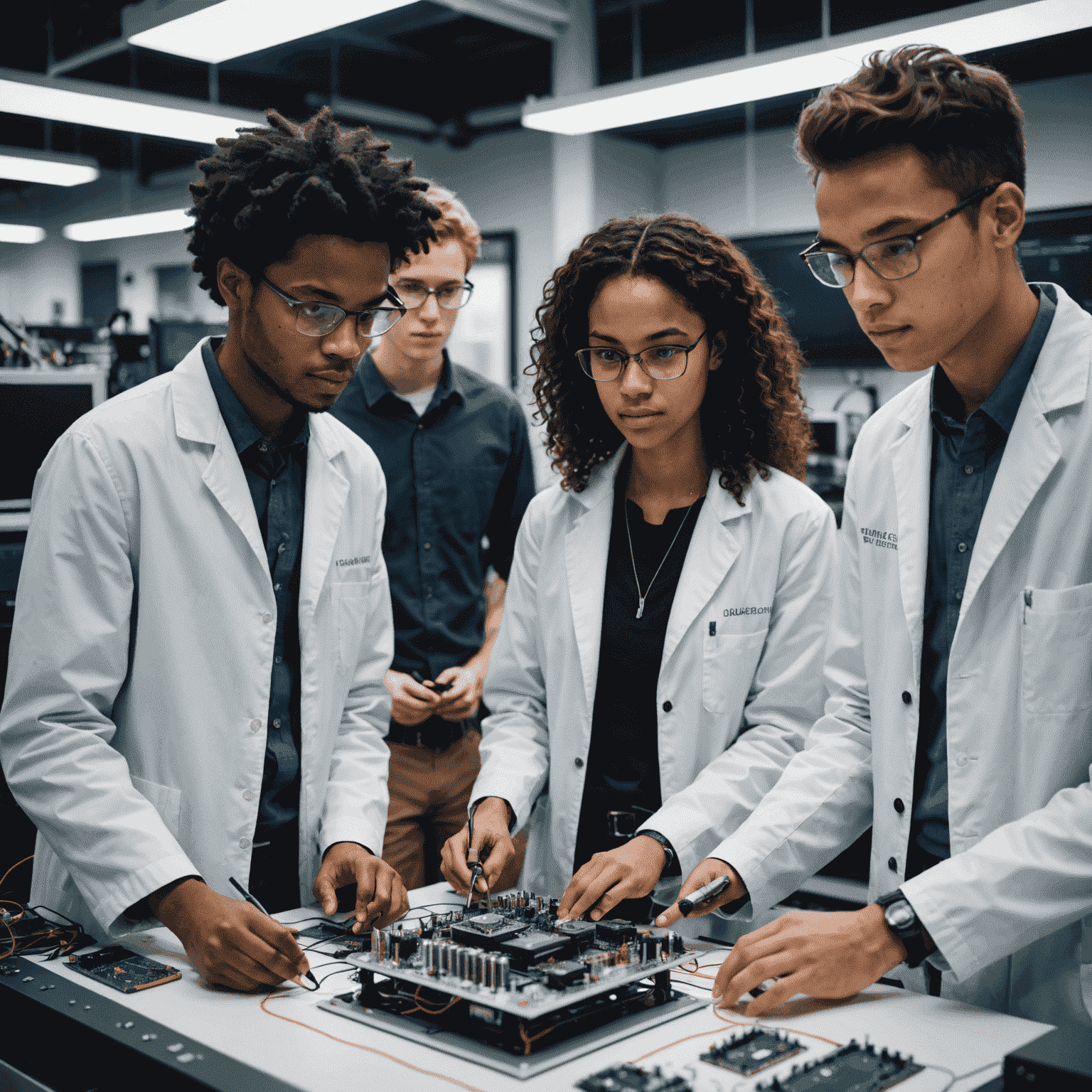 A diverse group of students working on quantum computing projects in a high-tech laboratory setting with advanced quantum hardware