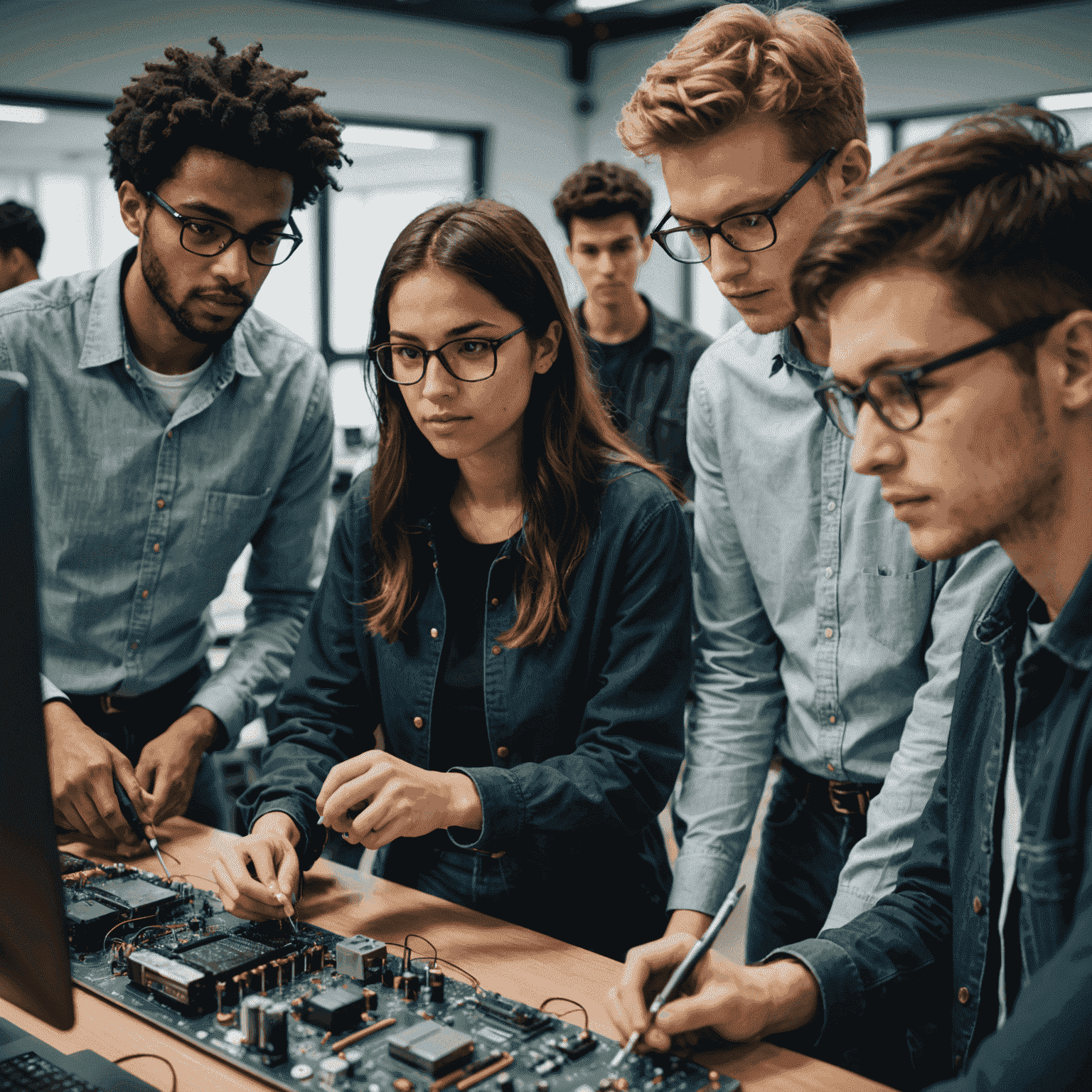 A diverse group of students and professionals engaged in a quantum computing workshop, using advanced Qulibetic equipment