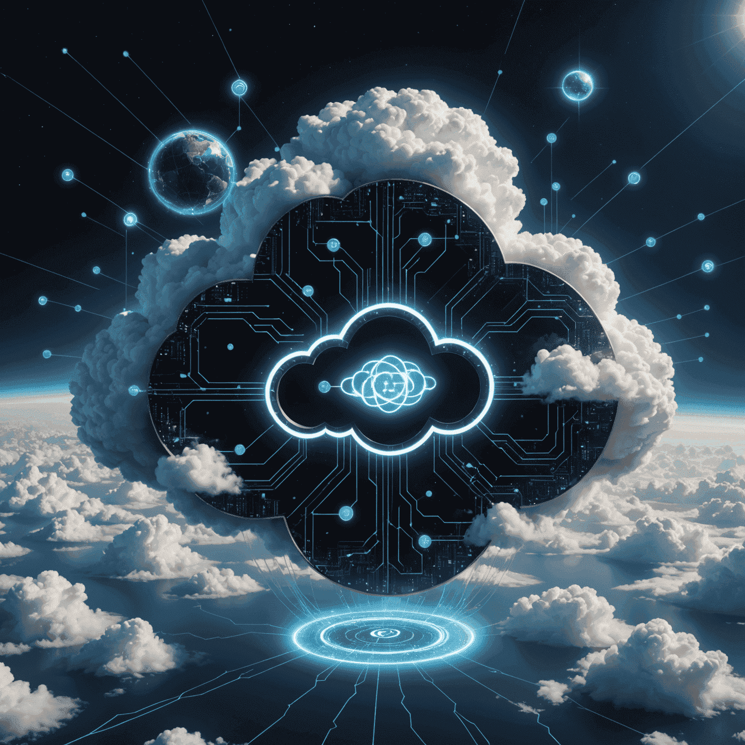 A futuristic cloud computing interface with quantum symbols and data streams, representing the integration of quantum computing with cloud technology