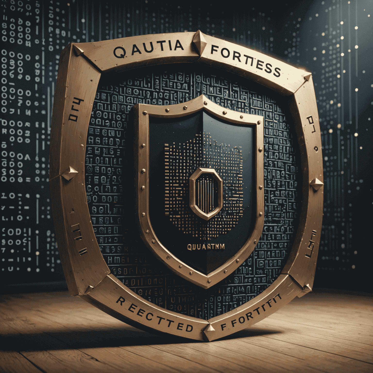 A digital fortress protected by quantum encryption, with binary code and quantum states forming an impenetrable shield