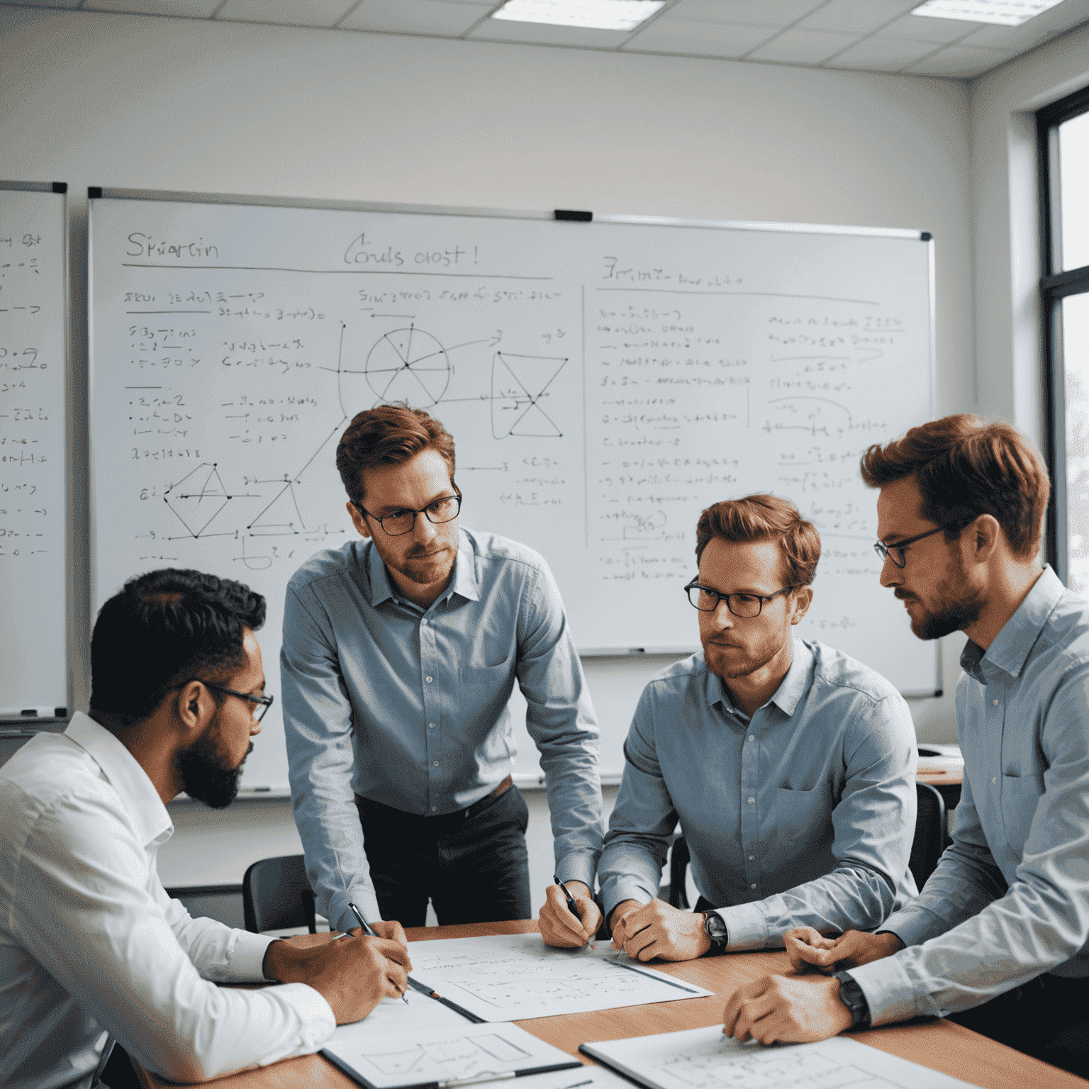 A diverse team of quantum experts engaged in a brainstorming session, with complex equations and diagrams visible on whiteboards in the background