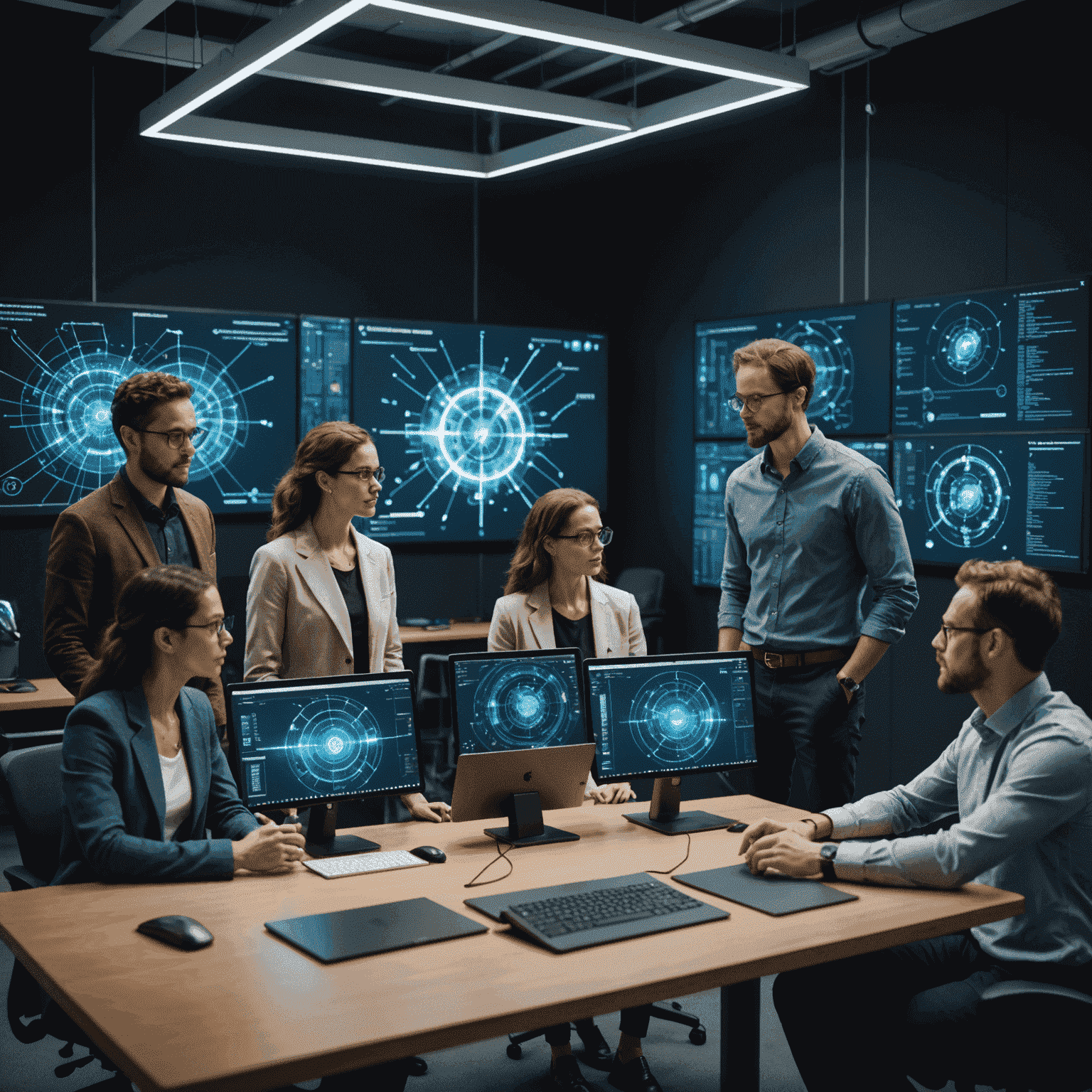 A diverse group of professionals engaged in a quantum computing workshop, with holographic displays of quantum concepts